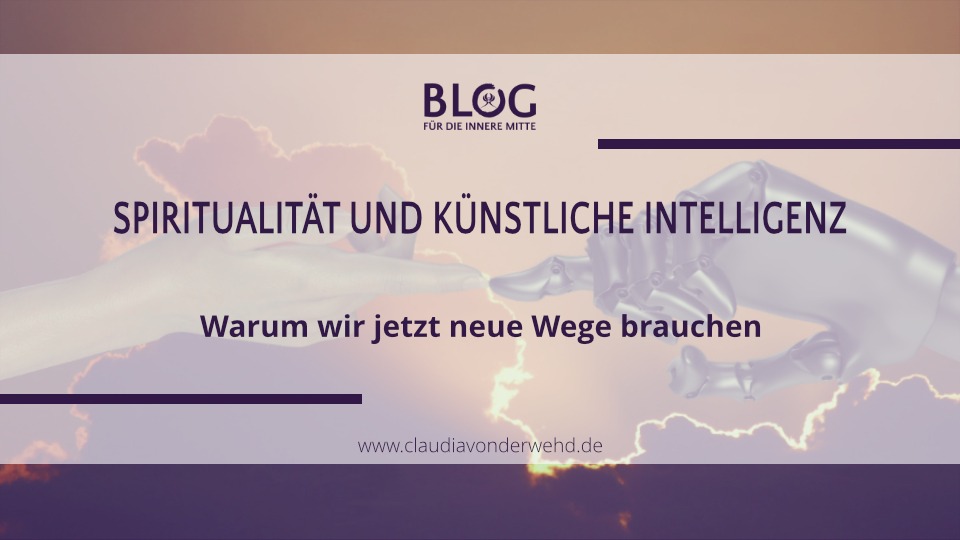 Menschliche Hand berührt die Roboterhand sanft mit dem Zeigefinger – im Vordergrund. Im Hintergrund eine gold-orangene Sonnenaufgangsstimmung mit von hinten beleuchteten Wolken. Symbolbild für Verbindung zwischen Spiritualität und Künstlicher Intelligenz.