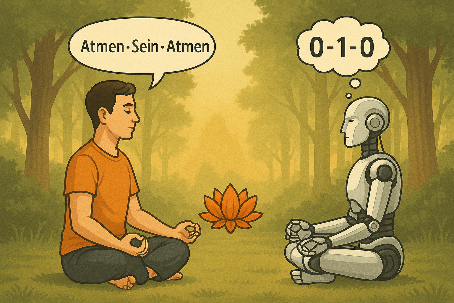 Ein Mensch und ein Roboter sitzen sich im Lotussitz gegenüber und meditieren im Wald. Zwischen ihnen eine strahlende Lotusblüte. Über dem Menschen steht: „Atmen – Sein – Atmen“, über dem Roboter: „0–1–0“. Symbolbild für bewusste Begegnung zwischen Spiritualität und KI.
