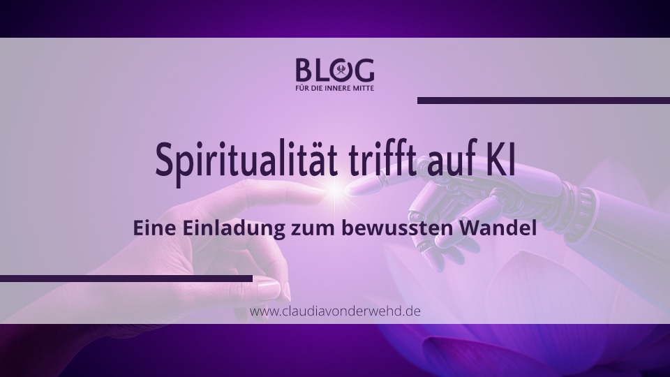 Fingerspitzen von Mensch und Roboter berühren sich - Sinnbild für das Zusammentreffen von Spiritualität und KI.